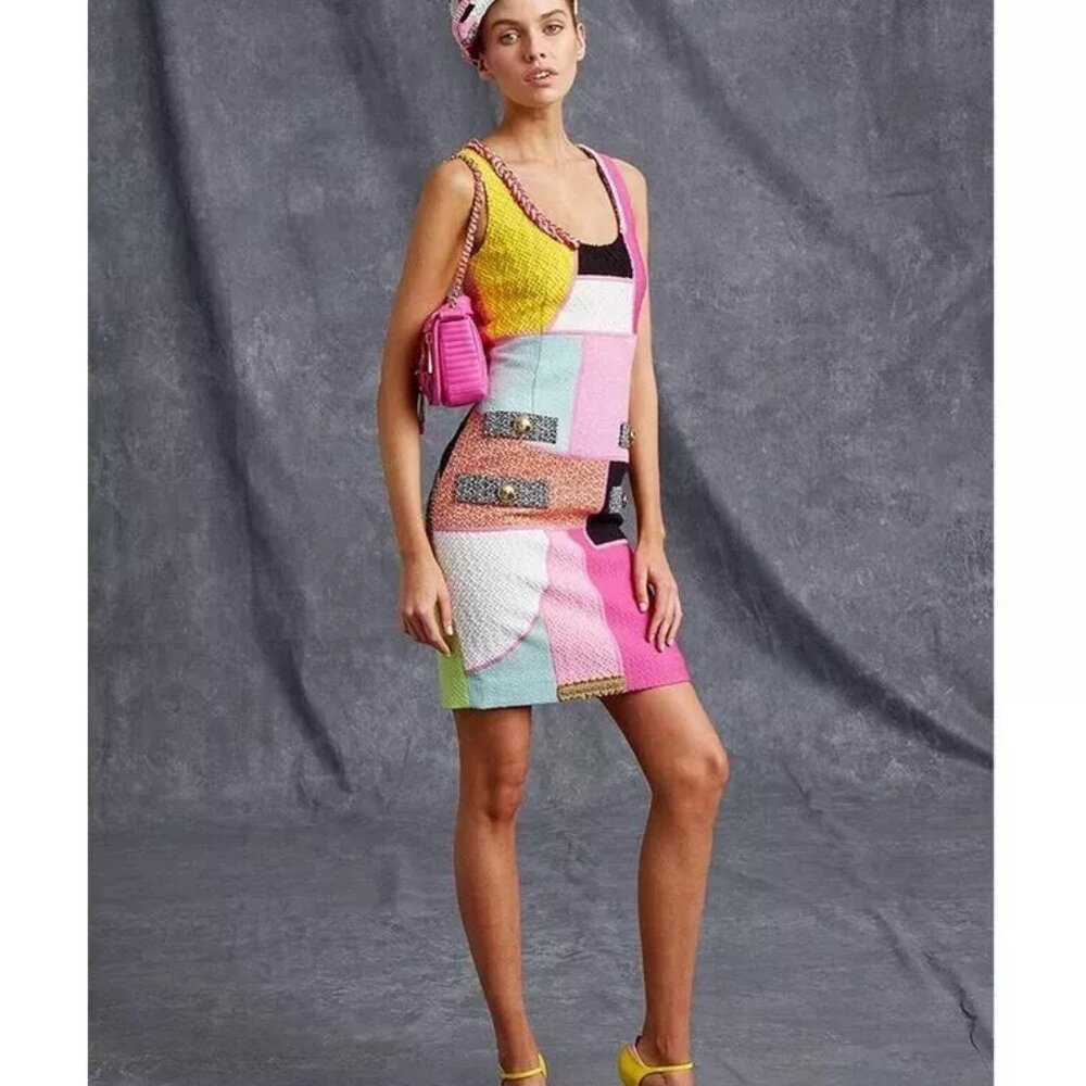 MOSCHINO COUTURE PATCHWORK TWEED DRESS DEADSTOCK *GIGI HADID* USA 10 IT44